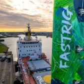 FastRig wingsail and ship alongside from drone
