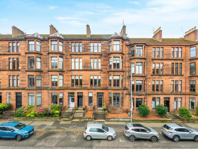 The front of the red sandstone property on Hyndland Road in Glasgow's West End. 