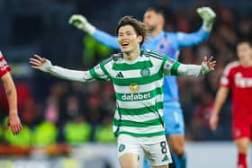 Kyogo Furuhashi celebrates his side's 5-0 thrashing of Aberdeen inn the Premier Sports Cup semi-final at Hampden Park. Cr: SNS Group.