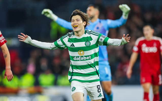 Kyogo Furuhashi celebrates his side's 5-0 thrashing of Aberdeen inn the Premier Sports Cup semi-final at Hampden Park. Cr: SNS Group.
