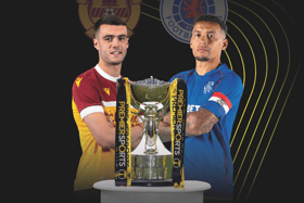 Motherwell's Lennon Miller and Rangers' James Tavernier with the Premier Sports Cup trophy ahead of this weekend's semi-final. Cr: SNS Group.