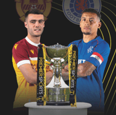 Motherwell's Lennon Miller and Rangers' James Tavernier with the Premier Sports Cup trophy ahead of this weekend's semi-final. Cr: SNS Group.