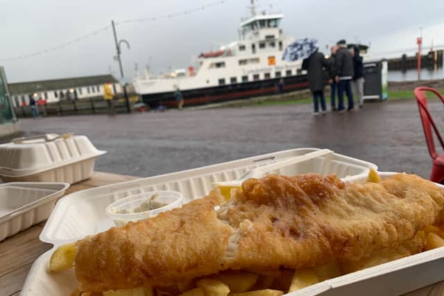 A fish supper from the Fish Works in Largs with a view of the ferry
