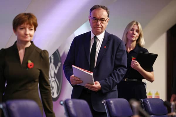 Bank of England Governor Andrew Bailey (C) attends the central bank's Monetary Policy Report press conference at the Bank of England on 7 November 2024 (Photo: Henry Nicholls - WPA Pool/Getty Images)