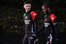 Arsenal's Kieran Tierney and Raheem Sterling during a training session at the Sobha Realty Training Centre, London Colney.