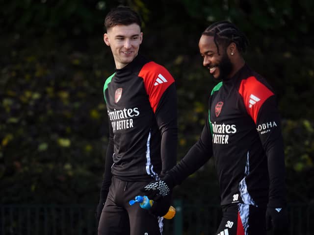 Arsenal's Kieran Tierney and Raheem Sterling during a training session at the Sobha Realty Training Centre, London Colney.