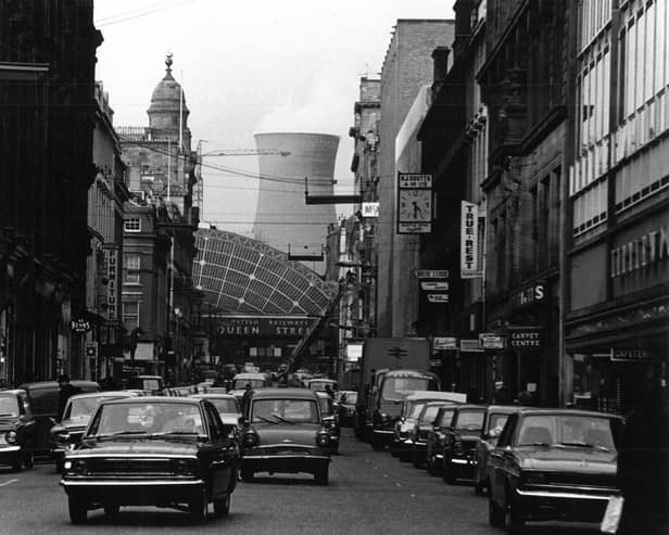 Glasgow's bustling Queen Street pictured in 1965 with Pinkston Power Station in the background. 