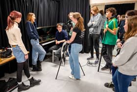 Kate Dickie meets students from the Junior Conservatoire of Drama, Production and Film at the Royal Conservatoire of Scotland in her new role as patron