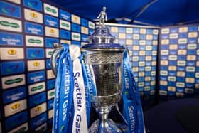 EAST KILBRIDE, SCOTLAND - DECEMBER 02: The Scottish Cup trophy is pictured before a Scottish Gas Scottish Cup third round match between East Kilbride and Falkirk at K Park, on December 02, 2024, in East Kilbride, Scotland. (Photo by Craig Foy / SNS Group)