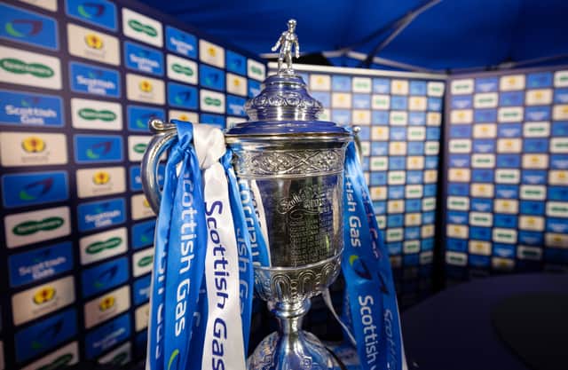 EAST KILBRIDE, SCOTLAND - DECEMBER 02: The Scottish Cup trophy is pictured before a Scottish Gas Scottish Cup third round match between East Kilbride and Falkirk at K Park, on December 02, 2024, in East Kilbride, Scotland. (Photo by Craig Foy / SNS Group)