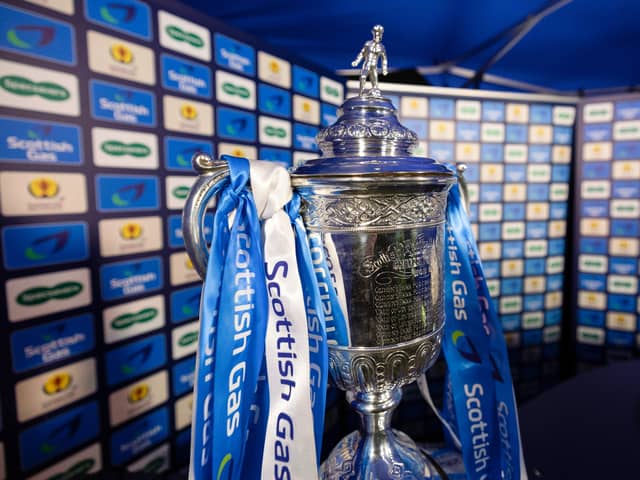 EAST KILBRIDE, SCOTLAND - DECEMBER 02: The Scottish Cup trophy is pictured before a Scottish Gas Scottish Cup third round match between East Kilbride and Falkirk at K Park, on December 02, 2024, in East Kilbride, Scotland. (Photo by Craig Foy / SNS Group)