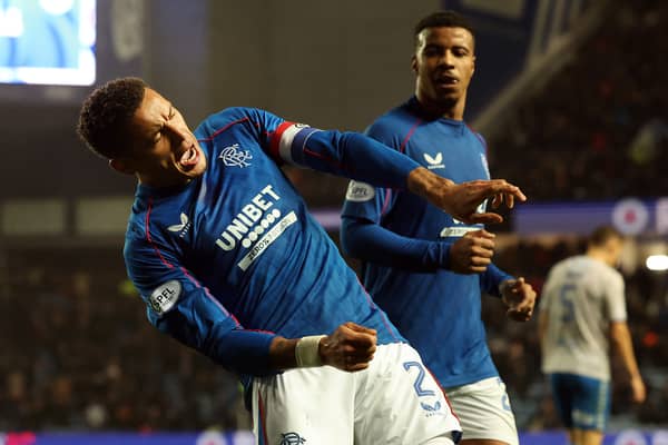 James Tavernier of Rangers celebrates after he scores the opening goal against Kilmarnock