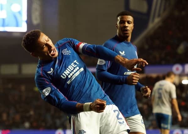 James Tavernier of Rangers celebrates after he scores the opening goal against Kilmarnock