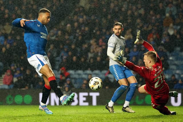 Cyriel Dessers of Rangers scores his team's fifth goal against Kilmarnock