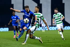 Lukas Kacavenda of GNK Dinamo is challenged by Auston Trusty of Celtic