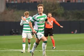 Daniel Cummings of Celtic celebrates scoring his team's third goal during the UEFA Youth League 2024/25 match between Celtic FC and RB Leipzig