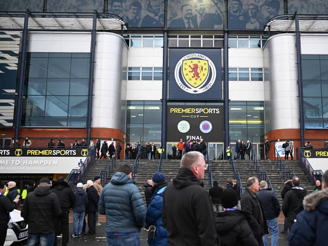 General view outside the stadium as fans arrive prior to the Premier Sports Cup Final between Celtic and Rangers at Hampden 