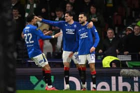 Nedim Bajrami of Rangers celebrates scoring his team's first goal against Celtic