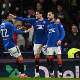 Nedim Bajrami of Rangers celebrates scoring his team's first goal against Celtic