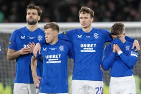 Rangers' Robin Propper, Connor Barron, Kieran Dowell and Rudvan Yilmaz watch on during the shootout during the Premier Sports Cup Final. Cr: SNS Group.