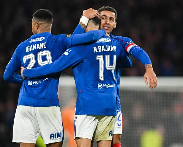 Rangers' Nedim Bajrami (centre) celebrates scoring to make it 1-0 with James Tavernier and Hamza Igamane. Cr. SNS Group.