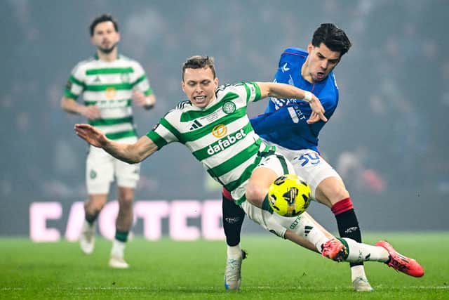 Celtic's Alistair Johnston tussles with Rangers' Ianis Hagi during the Premier Sports Cup final at Hampden. (Photo by Rob Casey / SNS Group)