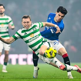 Celtic's Alistair Johnston tussles with Rangers' Ianis Hagi during the Premier Sports Cup final at Hampden. (Photo by Rob Casey / SNS Group)