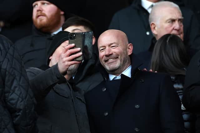 Pundit and former player, Alan Shearer, poses for a photo with a Rangers fan ahead of kick-off