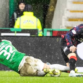 Hibs are awarded a penalty after Josh Campbell is fouled in the box by Rangers forward Ianis Hagi. (Photo by Alan Harvey / SNS Group)