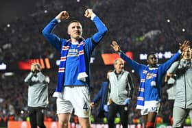 Rangers midfielder John Lundstram (C) celebrates on the pitch after the UEFA Europa League Semi-final, second leg vs RB Leipzig 
