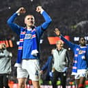Rangers midfielder John Lundstram (C) celebrates on the pitch after the UEFA Europa League Semi-final, second leg vs RB Leipzig 