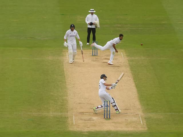 Joe Root of England scoops Shardul Thakur of India for six  during Day Five of the Fifth LV=Insurance Test Match at Edgbaston on July 05, 2022 in Birmingham, England.