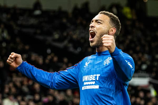 Rangers' Cyriel Dessers celebrates as he scores to make it 1-1 during a UEFA Europa League 2024/25 League Phase MD7 match between Manchester United and Rangers.