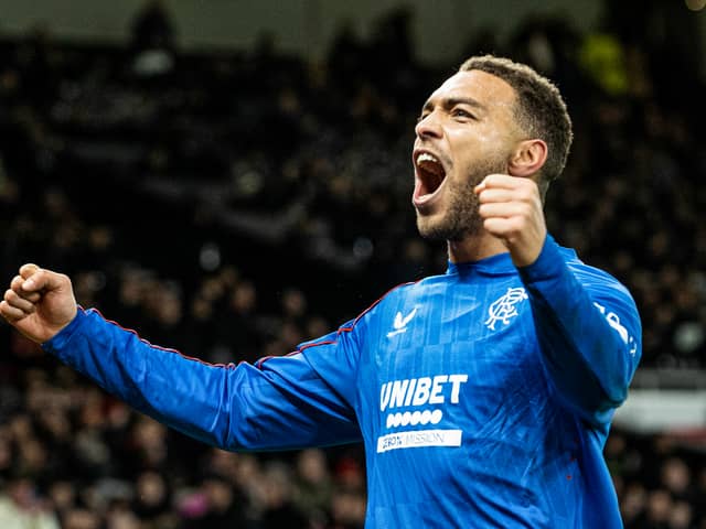 Rangers' Cyriel Dessers celebrates as he scores to make it 1-1 during a UEFA Europa League 2024/25 League Phase MD7 match between Manchester United and Rangers.