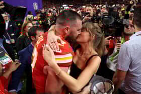 Will Travis Kelce propose to Taylor Swift during Superbowl Halftime? : Travis Kelce #87 of the Kansas City Chiefs and Taylor Swift embrace after defeating the San Francisco 49ers in overtime during Super Bowl LVIII at Allegiant Stadium on February 11, 2024 in Las Vegas, Nevada. Photo: Ezra Shaw/Getty Images
