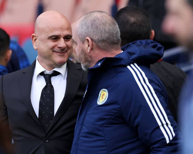 Temur Ketsbaia speaks with Steve Clarke, Head Coach of Scotland, prior to the UEFA EURO 2024 Qualifying Round Group A match between Scotland and Cyprus at Hampden Park 
