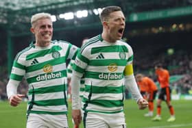 Callum McGregor of Celtic celebrates after scoring the opening goal against Dundee United at Parkhead