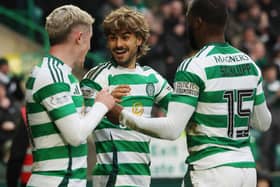 Jota of Celtic celebrates after scoring his team's second goal  vs Dundee United on Saturday