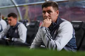Steven Gerrard coach of Al Ettifaq looks on during the Saudi Pro League match against Al Wehda 