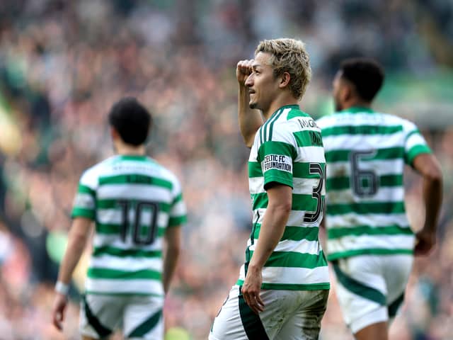 Daizen Maeda of Celtic celebrates scoring his team's first goal against Hibs in the Scottish Cup