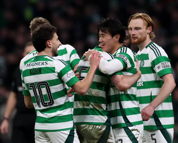 Yang Hyun-Jun of Celtic celebrates scoring his team's fourth goal against Raith Rovers