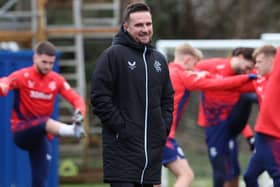 Barry Ferguson, Interim head coach of Rangers, oversees a training session at Auchenhowie