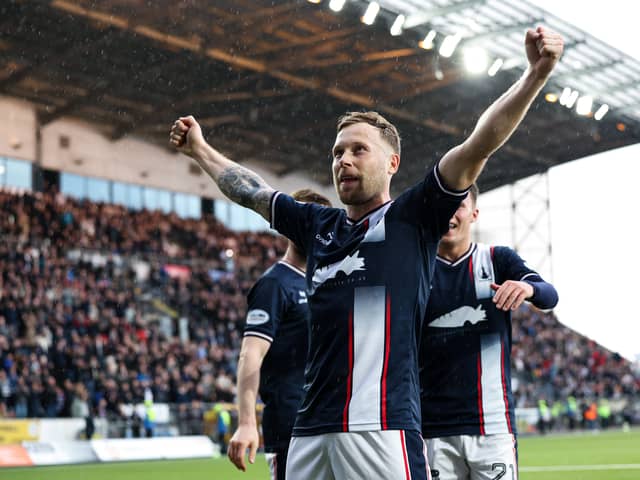 Falkirk's Scott Arfield celebrates scoring to make it 2-0 over Airdrieonians at The Falkirk Stadium. (Photo by Roddy Scott / SNS Group)