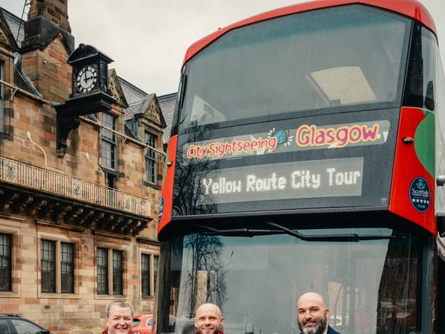 Pictured L-R: Councillor Richard Bell, Richy Graham (operations manager at City Sightseeing Glasgow) and Frazer Capie (Project Development OfficerGovan Heritage Trust)