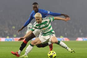 Mohamed Diomande of Rangers vies with Daizen Maeda of Celtic during the Scottish League Cup final