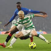 Mohamed Diomande of Rangers vies with Daizen Maeda of Celtic during the Scottish League Cup final