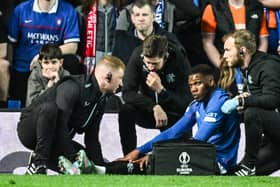 Rangers' Dujon Sterling is treated for an injury during the Europa League Quarter-Final match against Athletic Bilbao at Ibrox. (Photo by Rob Casey / SNS Group)