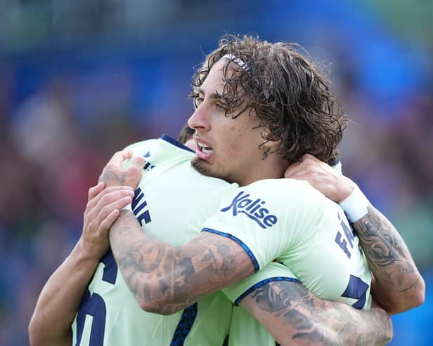 Oli McBurnie celebrates with Fabio Silva.
