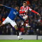  Dujon Sterling of Rangers FC   handles the ball, resulting in a penalty kick being awarded during the UEFA Europa League 2024/25 Quarter Final First Leg match between Rangers FC and Athletic Club