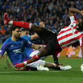 Rangers defender Robin Propper fouls Athletic Bilbao striker  Inaki Williams and receives a red card for the challenge 